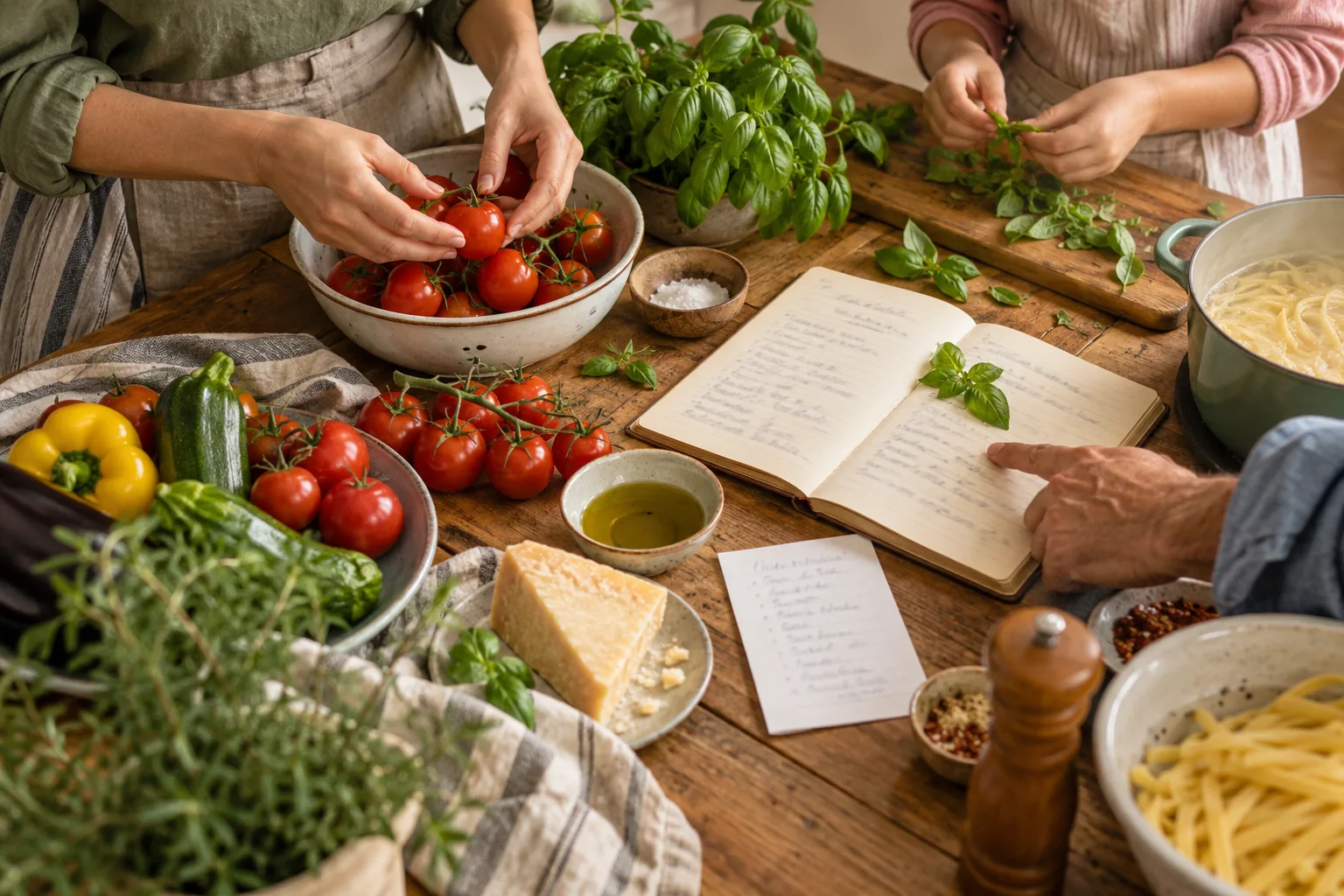 A family prepares a meal with vegetables and an old recipe notebook