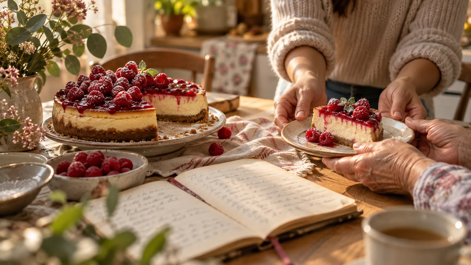 Homemade raspberry cheesecake and a family recipe notebook at the table
